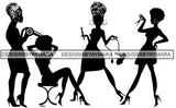 Tailor Woman Black Silhouette Afro Woman Hair Salon Housewife Silhouette Women Black Background Girls Squad Pose SVG JPG PNG Vector Clipart Cricut Cutting Files