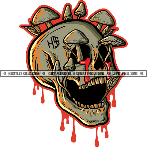 Skull Skeleton Colorful Artwork Design Element Mushroom On Head Blood Dripping SVG JPG PNG Vector Clipart Cricut Cutting Files