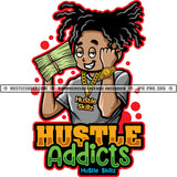 Hustle Addicts Quoted Color Vector African American Boy Smile Face Holding Money Bundle Design Element Locs Dreads Hair Dripping Hard Hustler Designs Hustler Hustling Clipart JPG PNG SVG
