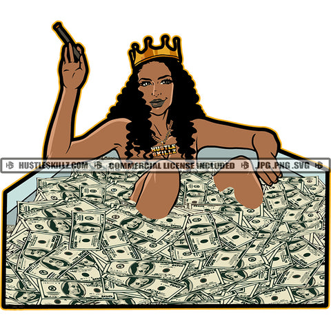 African American Rich Girls Sleeping On Money Melanin Nubian Girl Holding Gun Crown On Head Design Element Magic Ski Mask Gangster SVG JPG PNG Vector Clipart Cricut Cutting Files