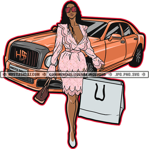 African American Rich Girls Standing On Car Melanin Nubian Girl Black Girl Holding Shopping Bag Magic Ski Mask Gangster SVG JPG PNG Vector Clipart Cricut Cutting Files