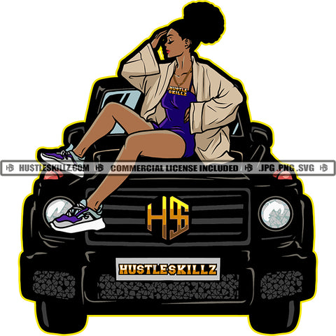 African American Richa Girl Sitting On Car Nubian Girl Curly Hair Design Element Magic Ski Gangster SVG JPG PNG Vector Clipart Cricut Cutting Files