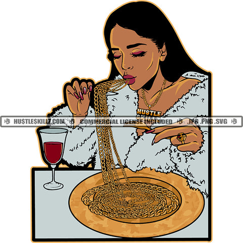 African American Rich Girls Sitting Melanin Nubian Girl Eating Noodles Design Element Magic Ski Gangster SVG JPG PNG Vector Clipart Cricut Cutting Files
