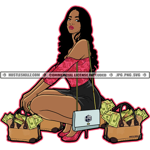 African American Rich Girl Sitting Melanin Nubian Girl Curly Hair Black Girl Money Bag On Floor Design Element Magic Ski Mask Gangster SVG JPG PNG Vector Clipart Cricut Cutting Files