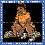 Young Black Woman Bantu Knots T Shirt Shorts Kneeling Cash Dollar Bills Sneakers Grind Clipart Cutting Files
