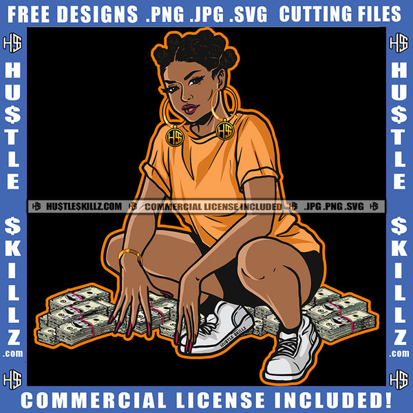 Young Black Woman Bantu Knots T Shirt Shorts Kneeling Cash Dollar Bills Sneakers Grind Clipart Cutting Files