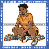 Young Black Woman Bantu Knots T Shirt Shorts Kneeling Cash Dollar Bills Sneakers Grind Clipart Cutting Files