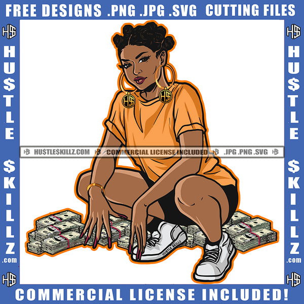 Young Black Woman Bantu Knots T Shirt Shorts Kneeling Cash Dollar Bills Sneakers Grind Clipart Cutting Files