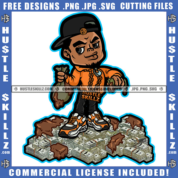 African American Man Standing On Money Bundle Melanin Nubian Man Holding Money Bag Wearing Cap Design Element Magic Ski Mask Gangster SVG JPG PNG Vector Clipart Cricut Cutting Files