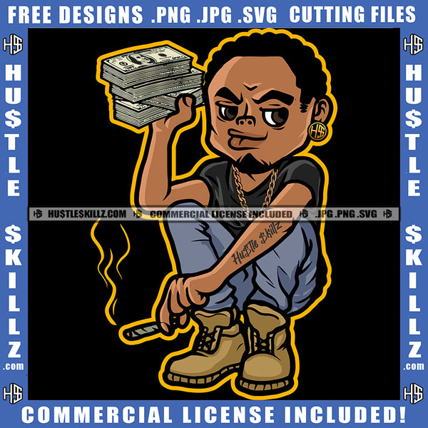 African American Man Holding Money Bundle Melanin Nubian Black Man Smoking Marijuana Design Element Magic Ski Gangster SVG JPG PNG Vector Clipart Cricut Cutting Files