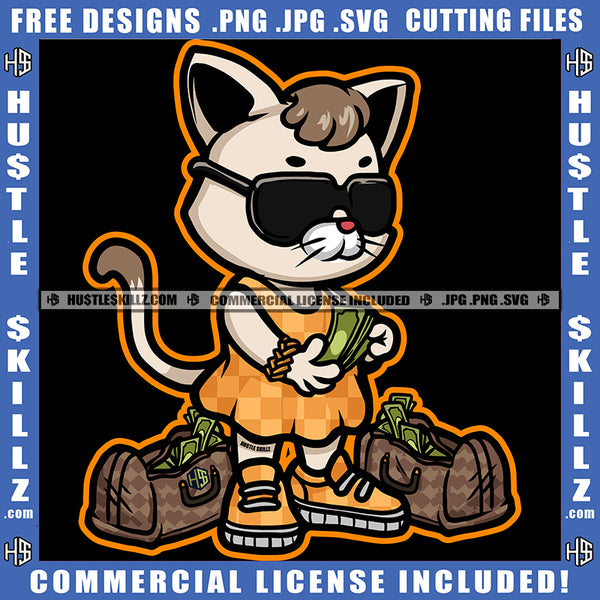 Cartoon Gangster Cat Wearing Sunglass Design Element Cat Holding Money And Money Bag On Floor Magic Ski Mask Gangster SVG JPG PNG Vector Clipart Cricut Cutting Files
