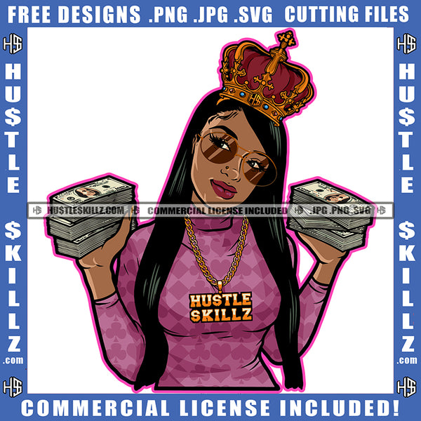 African Melanin Queen Jeweled Crown On Head Hands Money Cash Dollars Sunglasses Shades Hustler Clipart Cricut Cutting Files