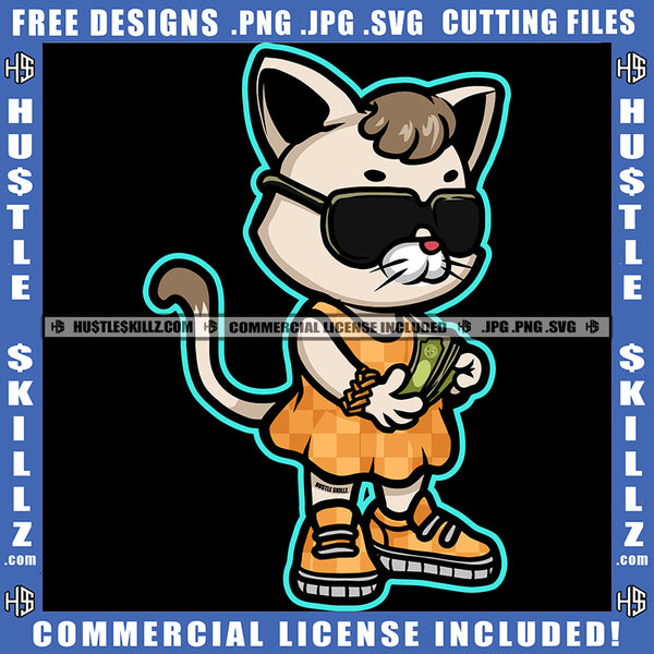 Cartoon Gangster Cat Standing Wearing Sunglass Design Element Cat Holding Money SVG JPG PNG Vector Clipart Cricut Cutting Files