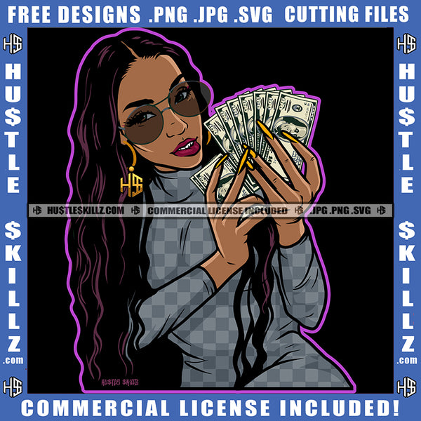 Melanin Woman Long Hair Hands Money Cash Dollars Dress Sunglasses Shades Hustler Grind Vector Design Element Clipart Cricut Cutting Files
