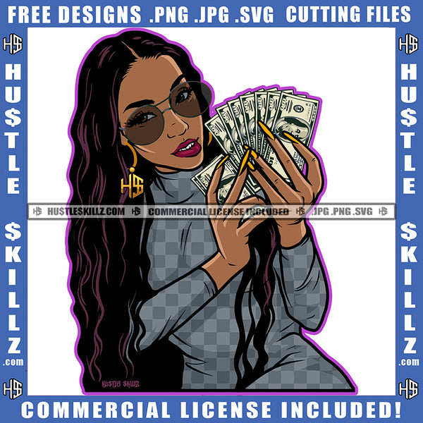 Melanin Woman Long Hair Hands Money Cash Dollars Dress Sunglasses Shades Hustler Grind Vector Design Element Clipart Cricut Cutting Files