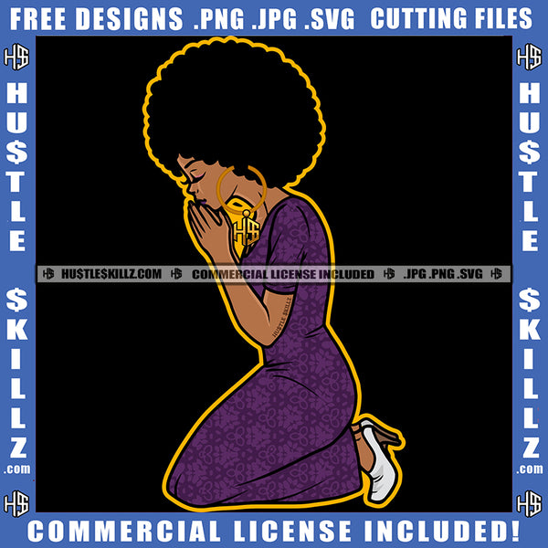 African American Woman Sitting Praying Melanin Nubian Girl Curly Hair Design Element Black Girl Magic Ski Mask Gangster SVG JPG PNG Vector Clipart Cricut Cutting Files