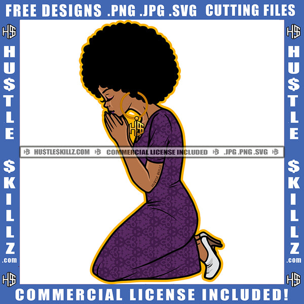 African American Woman Sitting Praying Melanin Nubian Girl Curly Hair Design Element Black Girl Magic Ski Mask Gangster SVG JPG PNG Vector Clipart Cricut Cutting Files