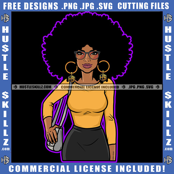 African American Woman Wearing Sunglass Holding Bag Design Element Melanin Nubian Girl Curly Hair Black Girl Magic Ski Mask Gangster SVG JPG PNG Vector Clipart Cricut Cutting Files