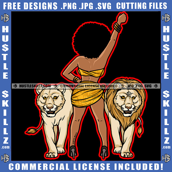 African American Woman Standing On Lion Family Design Element Melanin Nubian Girl Curly Hair Hand Up Black Girl Magic Ski Mask Gangster SVG JPG PNG Vector Clipart Cricut Cutting Files