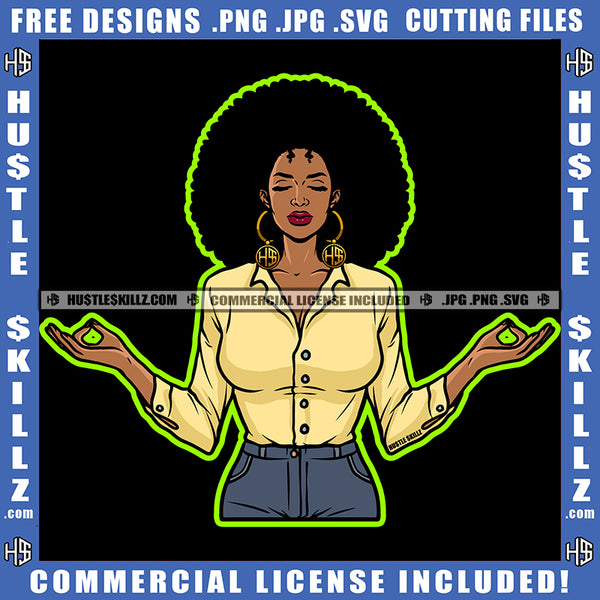 African American Woman Yoga Position Hand Up Design Element Melanin Nubian Girl Standing Black Girl Curly Hair Magic Ski Mask Gangster SVG JPG PNG Vector Clipart Cricut Cutting Files