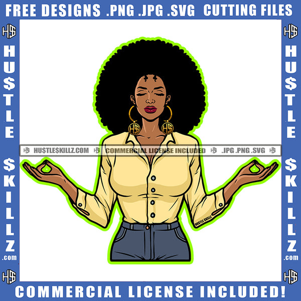 African American Woman Yoga Position Hand Up Design Element Melanin Nubian Girl Standing Black Girl Curly Hair Magic Ski Mask Gangster SVG JPG PNG Vector Clipart Cricut Cutting Files