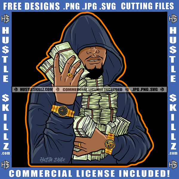 Young Black Man Hoodie Two Watches Ring Watch Holding Money Dollar Bills ash Bank Dollar Bill Melanin Hustler Hustling SVG JPG PNG Vector Clipart Cricut Cutting Files
