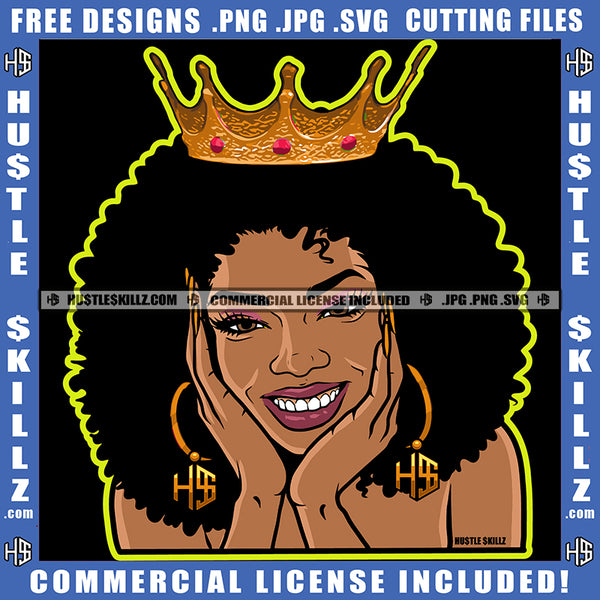 African American Woman Smile Face Crown On Head Melanin Nubian Girl Curly Hair Design Element Black Girl Magic Ski Mask Gangster SVG JPG PNG Vector Clipart Cricut Cutting Files