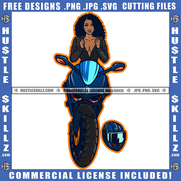 African American Woman Sitting On Motorcycle Melanin Nubian Biker Girl Black Girl Curly Hair Design Element Magic Ski Mask Gangster SVG JPG PNG Vector Clipart Cricut Cutting Files