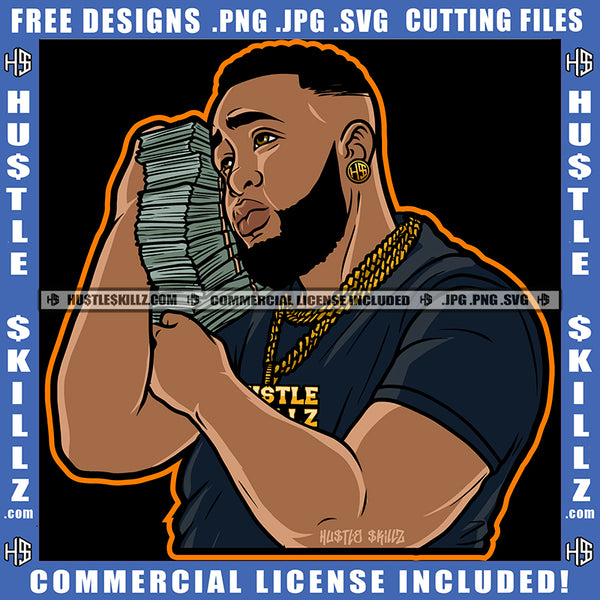 Bearded Black Man Muscles Strong Stack Gangster Holding Cash Money Dollars T Shirt Chains Hustler Melanin Hustler Hustling SVG JPG PNG Vector Clipart Cricut Cutting Files