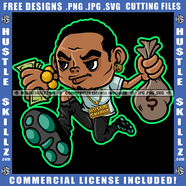 African American Man Curly Short Hair Melanin Nubian Man Running Holding Money And Money Bag Design Element Magic Ski Mask Gangster SVG JPG PNG Vector Clipart Cricut Cutting Files