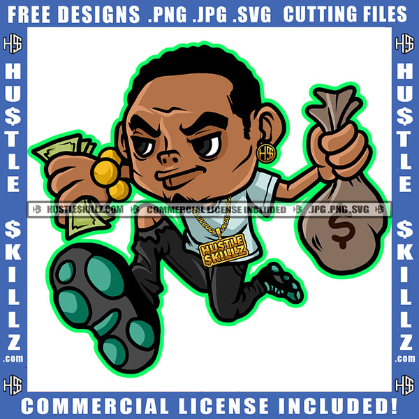 African American Man Curly Short Hair Melanin Nubian Man Running Holding Money And Money Bag Design Element Magic Ski Mask Gangster SVG JPG PNG Vector Clipart Cricut Cutting Files