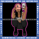 Young Black Woman Wearing Baseball Cap Boots Sitting Cellphone Mobile Selfie Pose Necklace Hustler Melanin Hustler Hustling SVG JPG PNG Vector Clipart Cricut Cutting Files