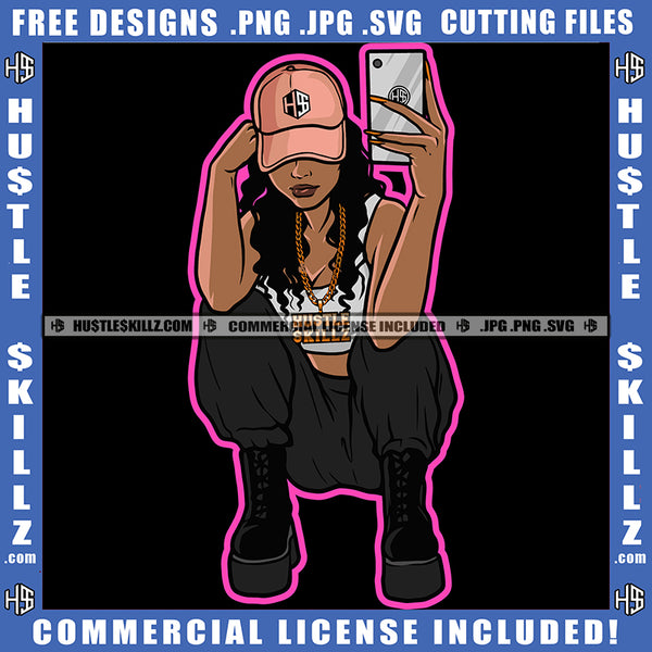 Young Black Woman Wearing Baseball Cap Boots Sitting Cellphone Mobile Selfie Pose Necklace Hustler Melanin Hustler Hustling SVG JPG PNG Vector Clipart Cricut Cutting Files