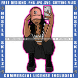 Young Black Woman Wearing Baseball Cap Boots Sitting Cellphone Mobile Selfie Pose Necklace Hustler Melanin Hustler Hustling SVG JPG PNG Vector Clipart Cricut Cutting Files