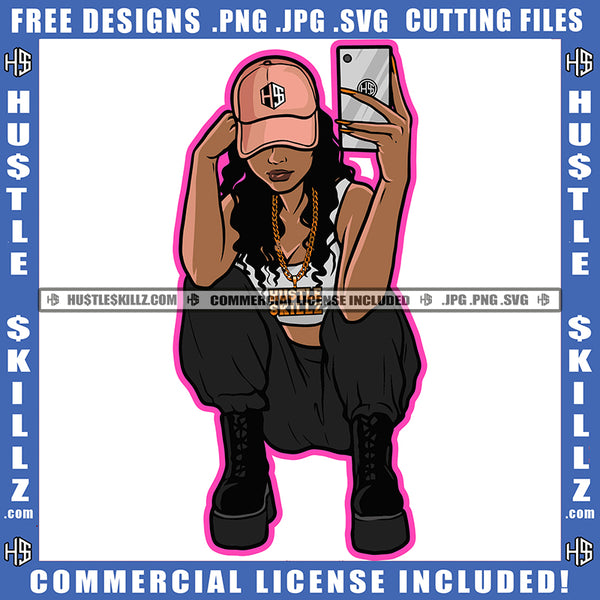 Young Black Woman Wearing Baseball Cap Boots Sitting Cellphone Mobile Selfie Pose Necklace Hustler Melanin Hustler Hustling SVG JPG PNG Vector Clipart Cricut Cutting Files