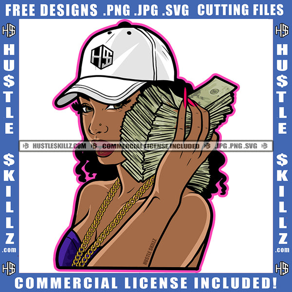 Nubian Woman Wearing Base Ball Cap Grind Grinding Melanin Girl Holding Money Cash Bank Dollar Bill Hustler Hustling SVG JPG PNG Vector Clipart Cricut Cutting Files
