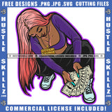 Young Black Woman Counting Money Cash Pink Hair Sneakers Necklace Hustling Hustler Grind SVG PNG JPG Vector Cutting Cricut Files