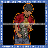 Black Man Skull Cap Baseball Shirt Holding Money Cash Bank Wearing Jeans Watch Chain Hustler Grind SVG JPG PNG Vector Clipart Cricut Cutting Files