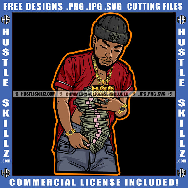 Black Man Skull Cap Baseball Shirt Holding Money Cash Bank Wearing Jeans Watch Chain Hustler Grind SVG JPG PNG Vector Clipart Cricut Cutting Files