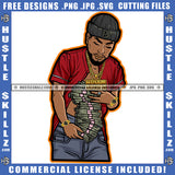 Black Man Skull Cap Baseball Shirt Holding Money Cash Bank Wearing Jeans Watch Chain Hustler Grind SVG JPG PNG Vector Clipart Cricut Cutting Files