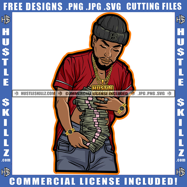 Black Man Skull Cap Baseball Shirt Holding Money Cash Bank Wearing Jeans Watch Chain Hustler Grind SVG JPG PNG Vector Clipart Cricut Cutting Files