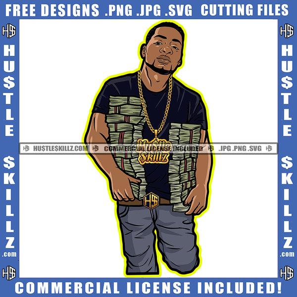 Young Gangster Man Holding Money Cash Bank Dollar Melanin Man Short Hair Vector Design Element Hustler Hustling SVG JPG PNG Vector Clipart Cricut Cutting Files