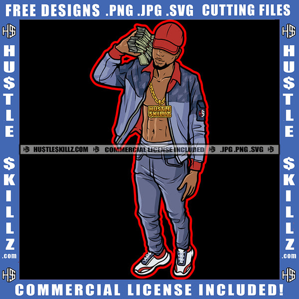 Black Man Holding Money Wearing Jean Jacket Jeans No Shirt Chain Stacks Cash Money Baseball Melanin Boy Standing Cap Hustler SVG JPG PNG Vector Clipart Cricut Cutting File