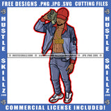 Black Man Holding Money Wearing Jean Jacket Jeans No Shirt Chain Stacks Cash Money Baseball Melanin Boy Standing Cap Hustler SVG JPG PNG Vector Clipart Cricut Cutting File