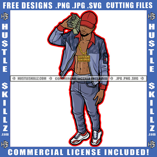 Black Man Holding Money Wearing Jean Jacket Jeans No Shirt Chain Stacks Cash Money Baseball Melanin Boy Standing Cap Hustler SVG JPG PNG Vector Clipart Cricut Cutting File