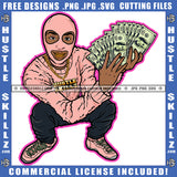 Black Man Pink Ski Mask Color Sweater Holding Cash Money Bank Chain Hustler SVG JPG PNG Vector Clipart Cricut Cutting File