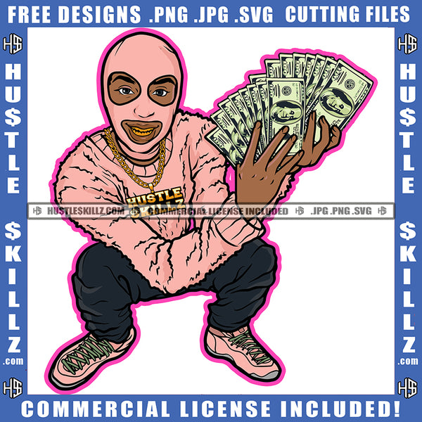 Black Man Pink Ski Mask Color Sweater Holding Cash Money Bank Chain Hustler SVG JPG PNG Vector Clipart Cricut Cutting File