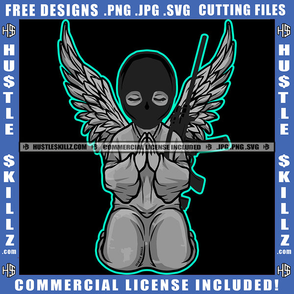 Young Gangster Angle Praying Hand Vector Angle Wearing Ski Mask Wings And Gun Design Element Hustler Hustling SVG JPG PNG Vector Clipart Cricut Cutting Files
