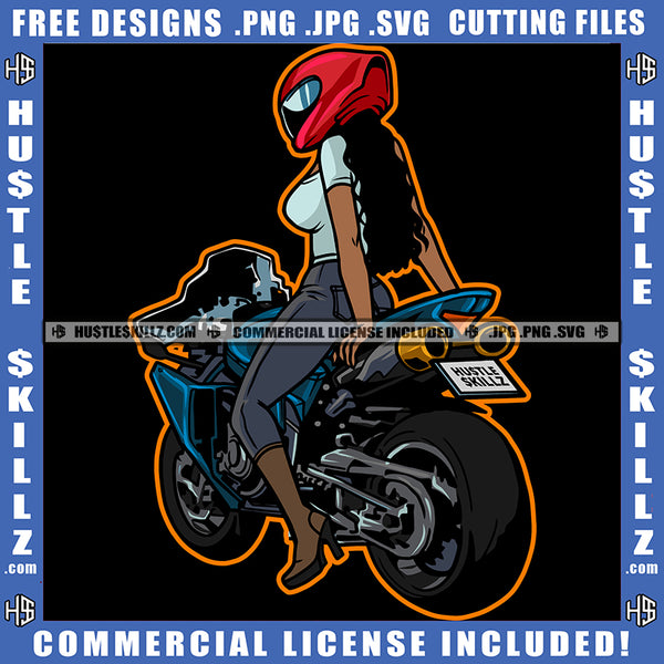 African American Woman Riding Motorcycle Bike Design Element Melanin Nubian Girl Sitting On Bike Wearing Helmet Magic Ski Gangster SVG JPG PNG Vector Clipart Cricut Cutting Files