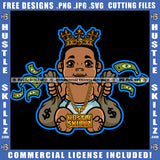 African American Boy Sitting On Floor Melanin Boy Holding Money Crown On Head Smile Face Design Element SVG JPG PNG Vector Clipart Cricut Cutting Files